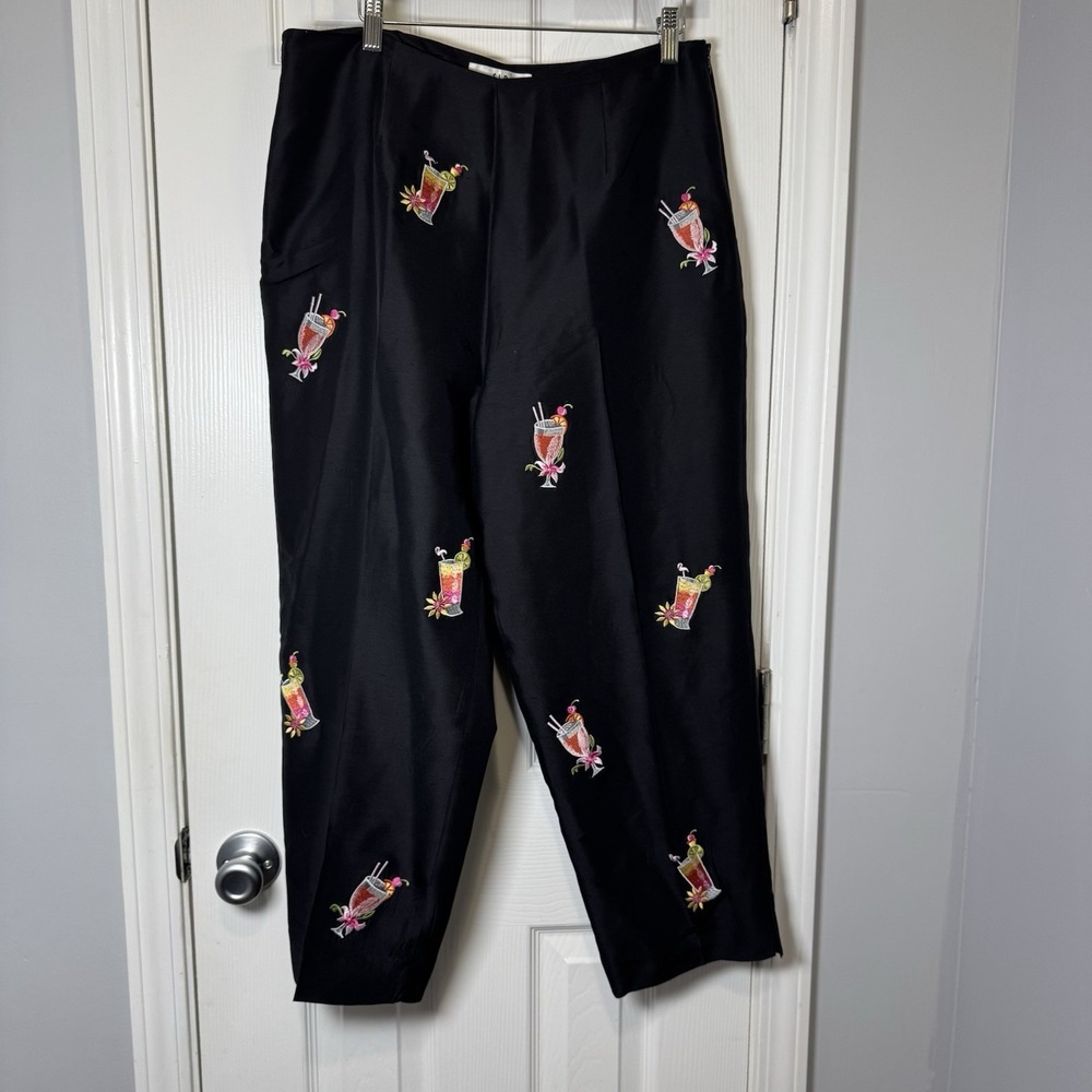 SLB Margarita Embroidered Women's 12‎ Silk Casual Pants Black Trousers Drinks